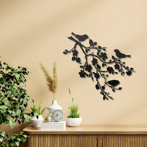 Birds on Cherry Blossom Branch Metal Wall Art