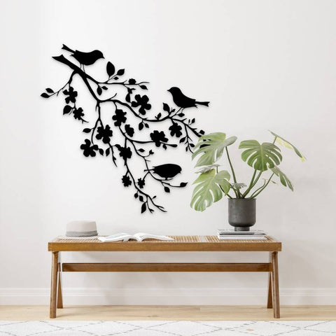 Birds on Cherry Blossom Branch Metal Wall Art