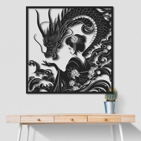 Geisha & Dragon Metal Wall Art