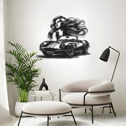 Woman & Retro Car Metal Wall Art Decor