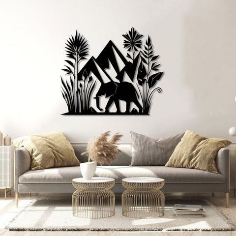 African Elephant and Mountain Metal Wall Art