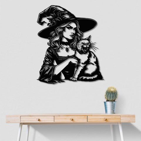 Witch and Feline Companion Metal Wall Art