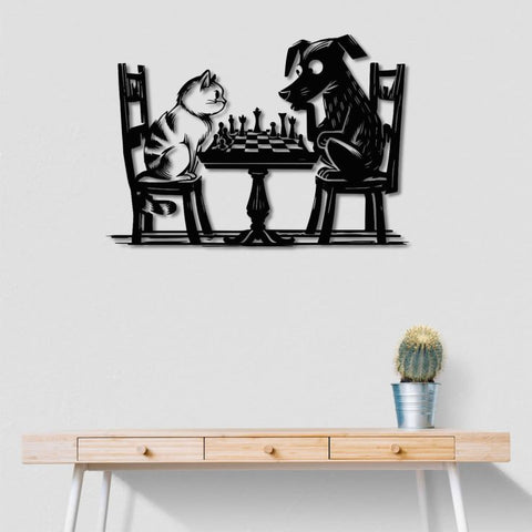 Cat vs Dog Chess Match Metal Wal Art