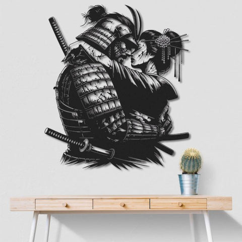 Japanese Samurai & Geisha Embrace Metal Wall Art