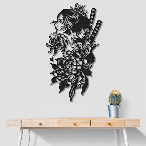 Geisha With Katana Metal Wall Art