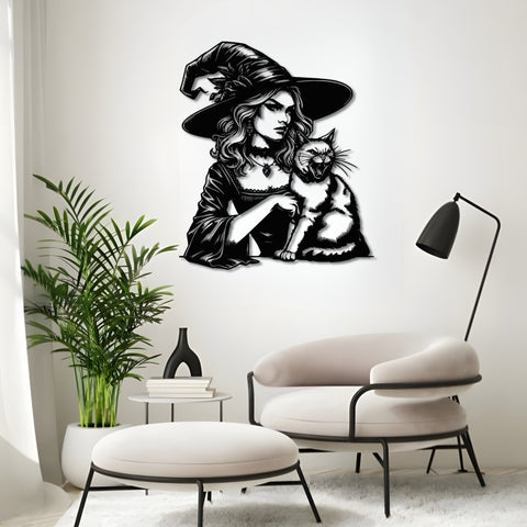 Witch and Feline Companion Metal Wall Art
