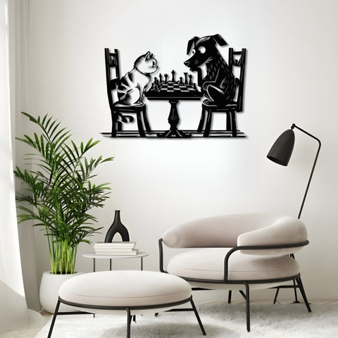 Cat vs Dog Chess Match Metal Wal Art