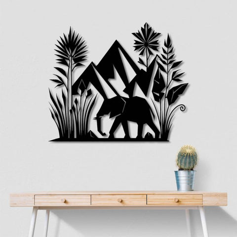 African Elephant and Mountain Metal Wall Art
