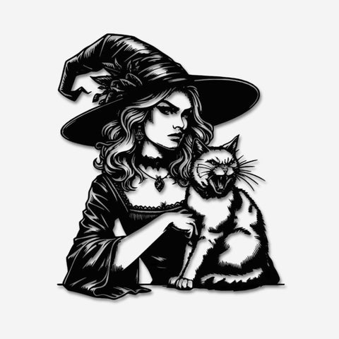 Witch and Feline Companion Metal Wall Art