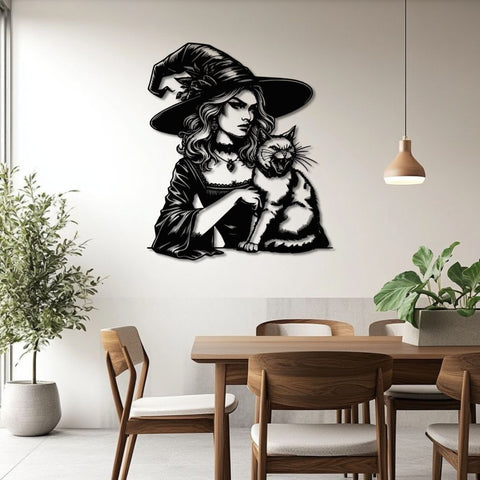 Witch and Feline Companion Metal Wall Art