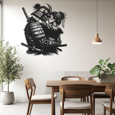 Japanese Samurai & Geisha Embrace Metal Wall Art