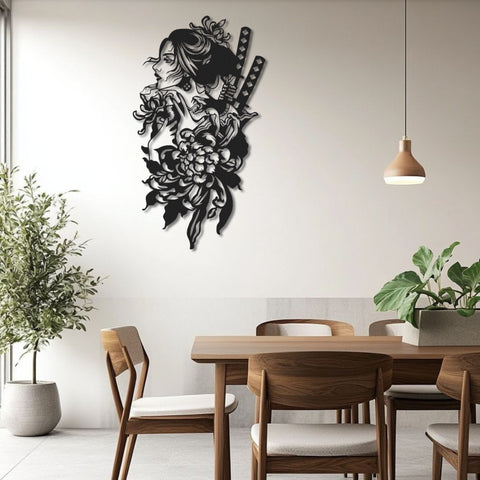 Geisha With Katana Metal Wall Art