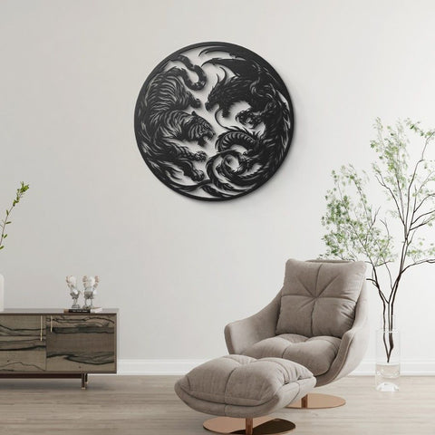 Tiger Dragon Face Off Metal Wall Art