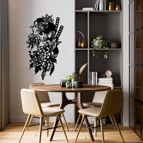 Geisha With Katana Metal Wall Art