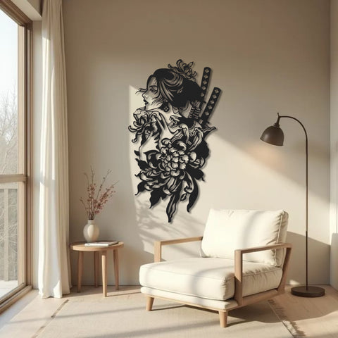 Geisha With Katana Metal Wall Art