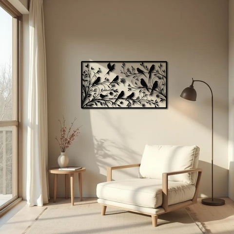 Birds Perched on Tree Branches Metal Wall Art