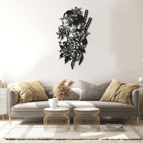 Geisha With Katana Metal Wall Art