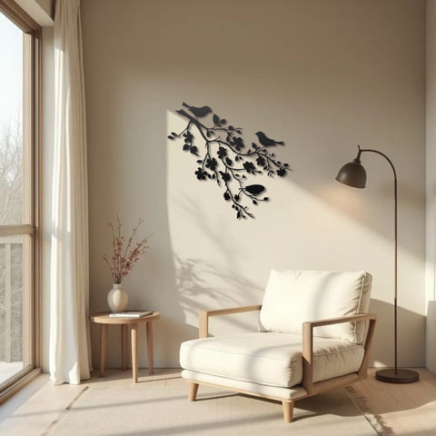 Birds on Cherry Blossom Branch Metal Wall Art