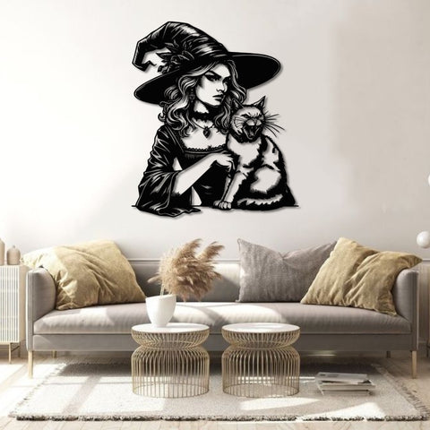 Witch and Feline Companion Metal Wall Art