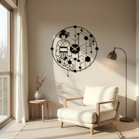 Oriental Japanese Geisha Metal Wall Clock