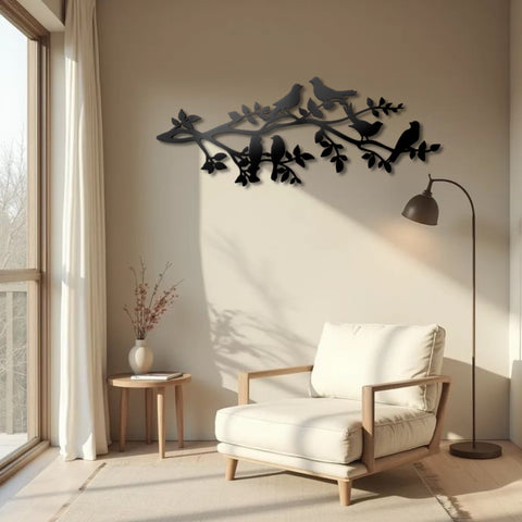 Six Birds on Tree Branches Metal Wall Art