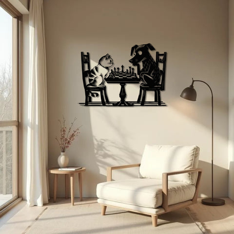 Cat vs Dog Chess Match Metal Wal Art