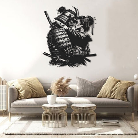 Japanese Samurai & Geisha Embrace Metal Wall Art