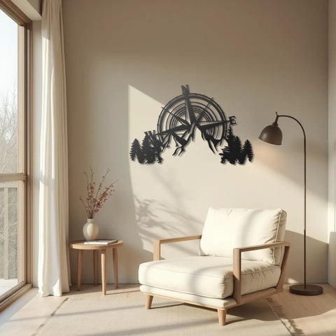 Compass and Mountains Metal Wall Art Decor