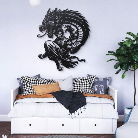 Martial Artist and Dragon Metal Wall Art