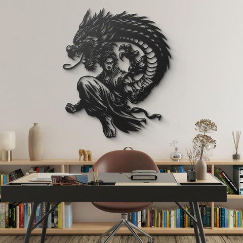 Martial Artist and Dragon Metal Wall Art