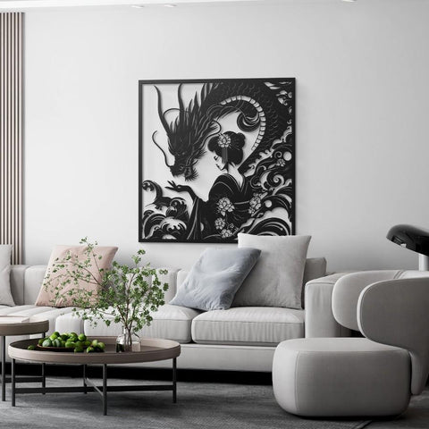 Geisha & Dragon Metal Wall Art