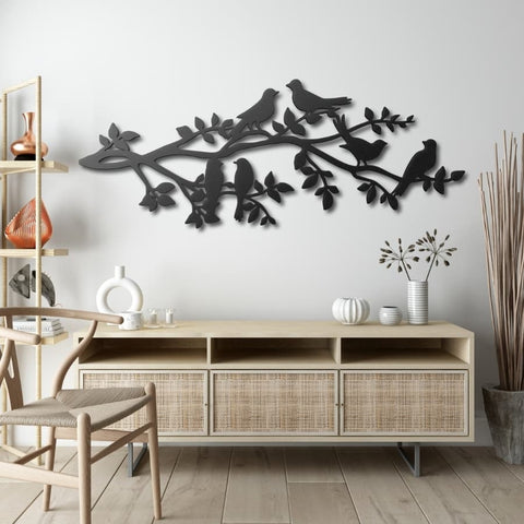 Six Birds on Tree Branches Metal Wall Art