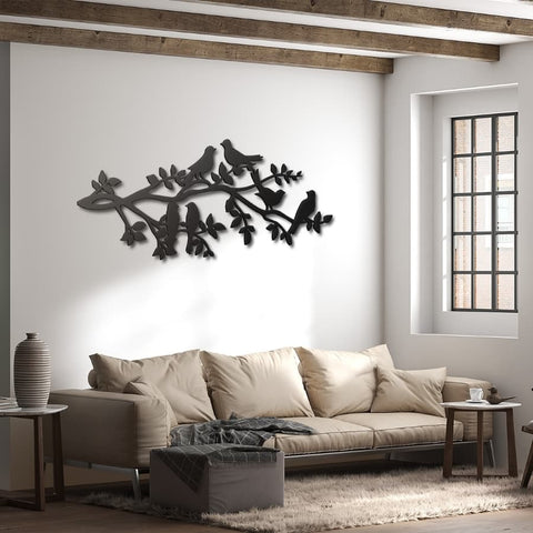 Six Birds on Tree Branches Metal Wall Art