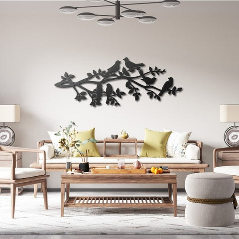 Six Birds on Tree Branches Metal Wall Art