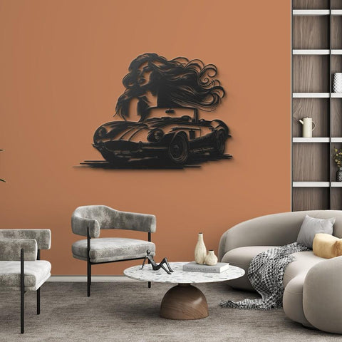 Woman & Retro Car Metal Wall Art Decor