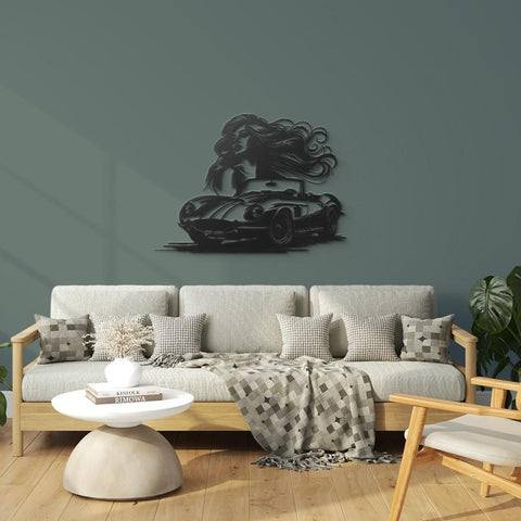 Woman & Retro Car Metal Wall Art Decor