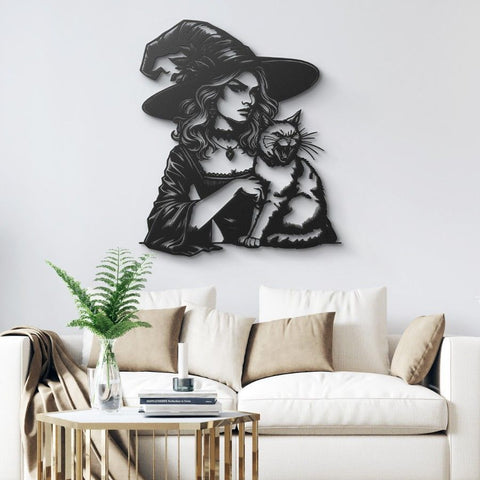 Witch and Feline Companion Metal Wall Art