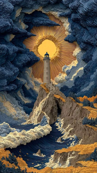Dramatic Lighthouse Landscape Print, Coastal Wall Décor, Aesthetic Ocean Canvas