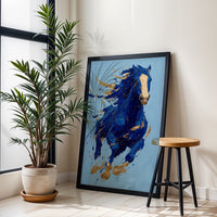Expressive Blue Horse Wall Décor – Sleek Equine Painting Wall Poster