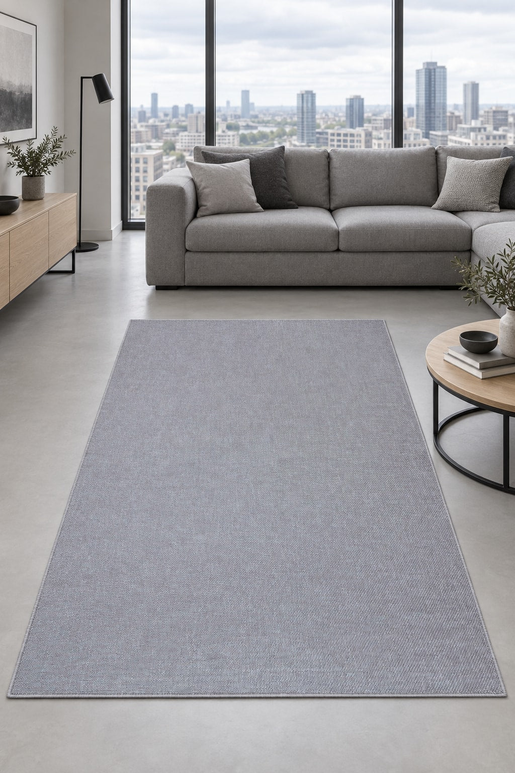 Abstract Boho Area Rug – Gray in a living room