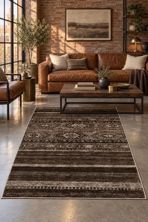 Abstract Ethnic Area Rug – Brown in a living room