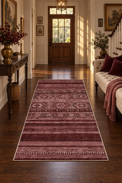 Abstract Ethnic Area Rug – Burgundy in a hallway