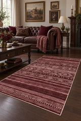 Abstract Ethnic Area Rug – Burgundy in a living room
