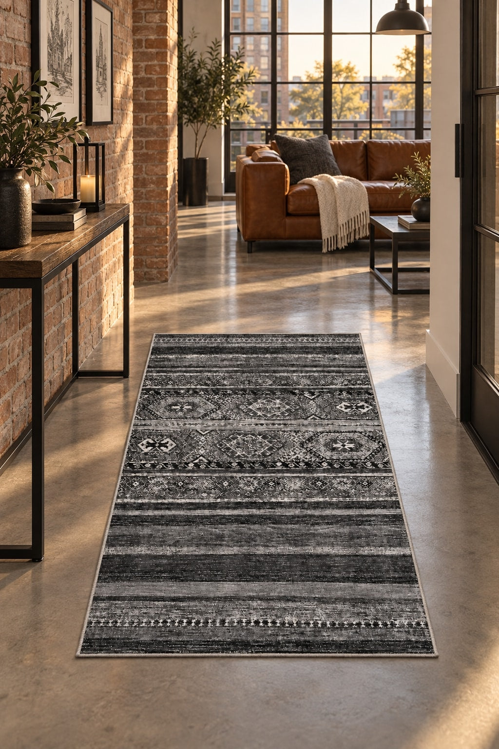 Abstract Ethnic Area Rug – Gray in a hallway