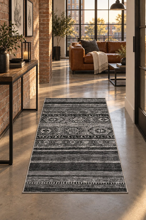 Abstract Ethnic Area Rug – Gray in a hallway
