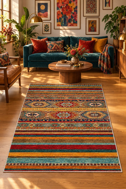 Abstract Ethnic Area Rug – Multicolor in a living room