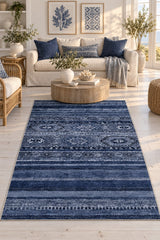 Abstract Ethnic Area Rug – Navy in a living room