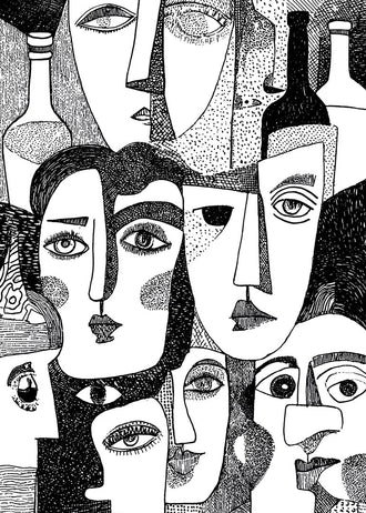 Abstract Faces Line Art Wall Art – Black-and-White Bottles and Portraits