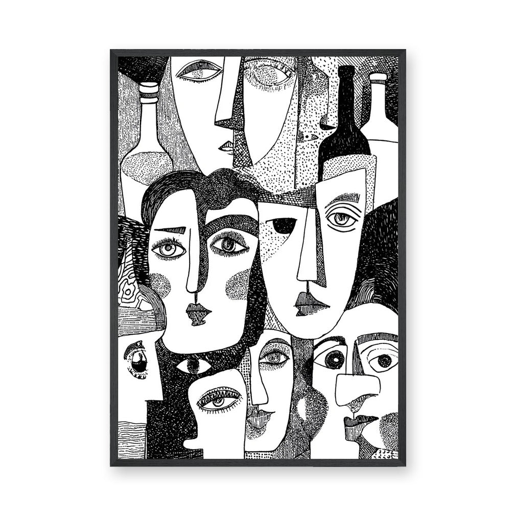 Abstract Faces Line Art Wall Art – Black-and-White Bottles and Portraits