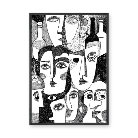 Abstract Faces Line Art Wall Art – Black-and-White Bottles and Portraits